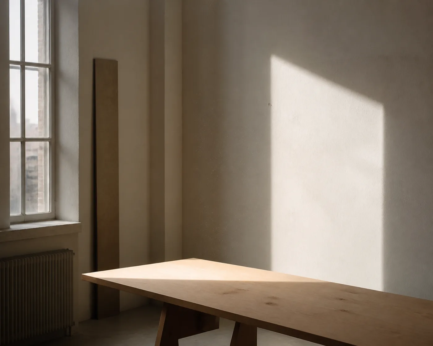 A hard rectangle of afternoon light from a tall window falls across a plain plastered wall and a bare pale timber table in an otherwise empty room, with dust visible in the beam.